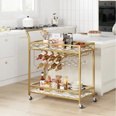 Modern 2-Tier Rolling Bar Cart Luxury Serving Cart with 4 Wheels, Mobile Home Coffee Station with