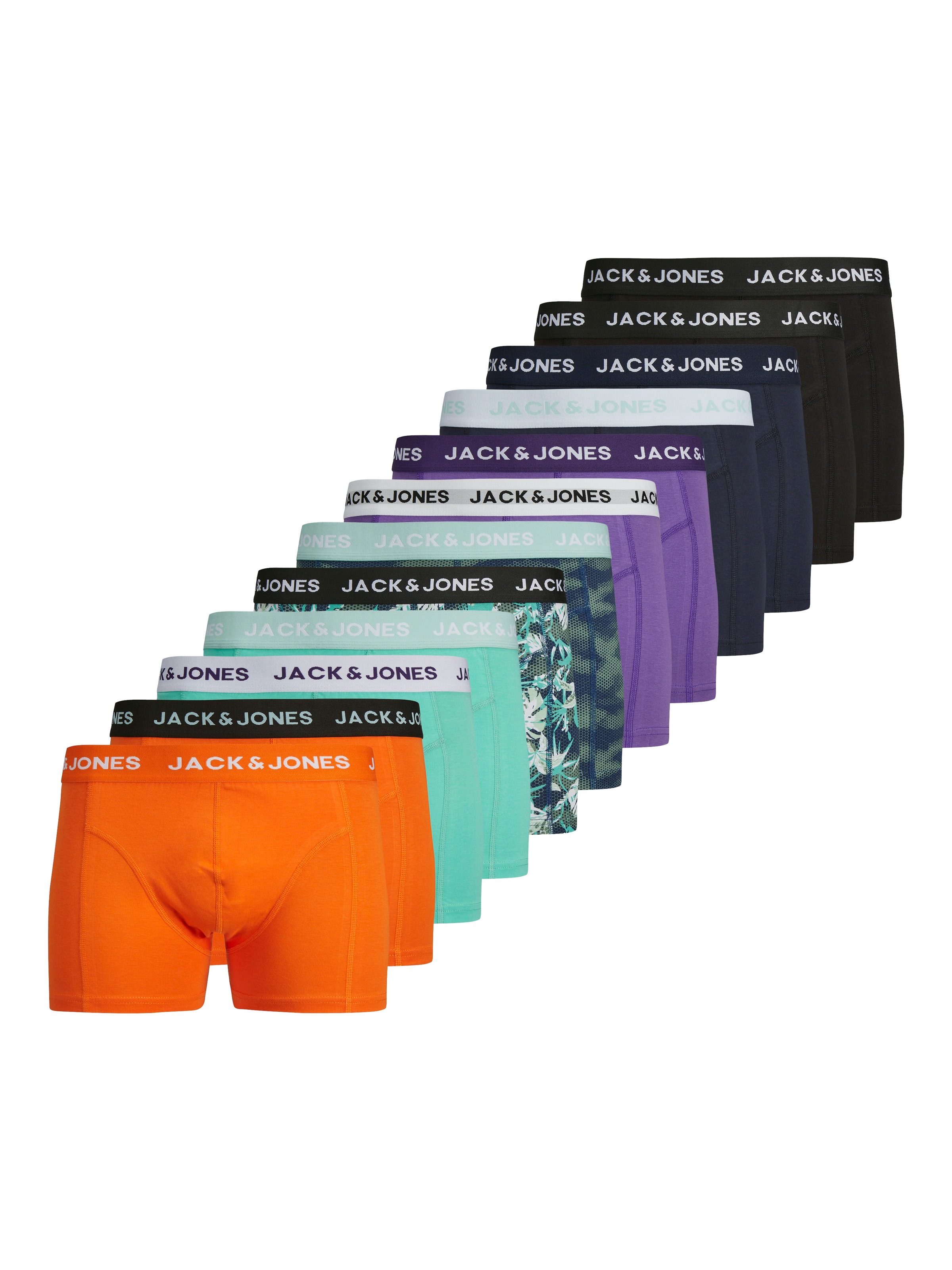 Trunk JACK & JONES "JACTASMANIA TRUNKS 12 PACK", Herren, Gr. S, orange (sea spray pack:deep lavender, sea spray, persimmon orange, pool blau, ocean cavern, pool blau), Jersey, Obermaterial: 95% Baumwolle, 5% Elasthan, unifarben, eng, Unterhosen, mit... Image