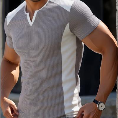 TEMU Men's Ribbed Texture Color-block V-neck Henley T-shirt - Breathable Stretch Fabric, Short Sleeve Casual Summer Top For Outdoor & Casual Attire Image