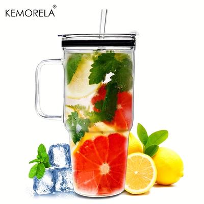 TEMU Kemorela 1/2pcs Glass Tumbler With Straws And Lids, 40oz Large Glass Coffee Tumbler With Handle, Clear Water Bottle For Car, Camping, Travel, And Outdoor Activities Image