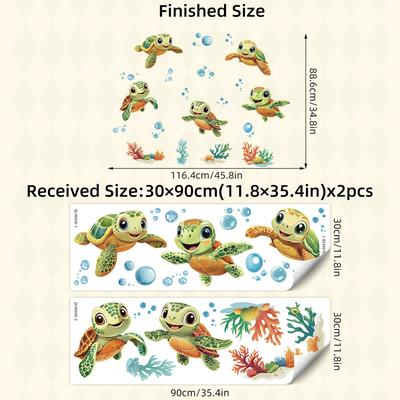 TEMU 2pcs Removable Pvc Watercolor Turtle Wall Stickers - Cute Animal Decals For Bedroom, Bathroom & Decor - Self-adhesive, Semi-, Easy To Apply & Remove, Turtle Decor Image