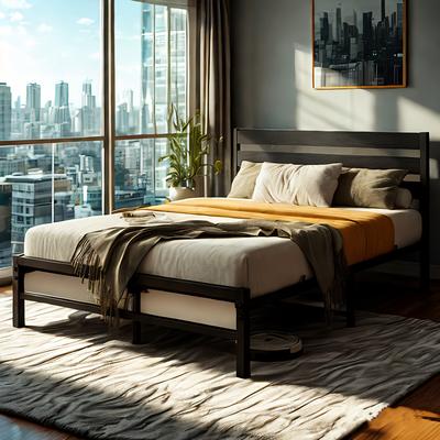 TEMU Metal Bed, Bed Frame With High Headboard Bed With Slatted Base For Bedroom , 140 X 200cm, 90 X 200cm, Guest Bed, Double Bed Made Of Metal, Bed Frame, Metal Bed, Easy Assembly Image