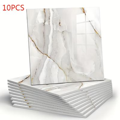 TEMU 10pcs Marble Vinyl Wall Stickers, Self-adhesive, Washable, Reusable, Glitter High-gloss Square Wall Decals, For Kitchen & Bathroom, Easy Home Decor Image