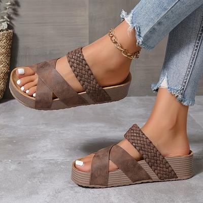 TEMU Chic Women's Summer Slide Sandals - Casual Open Toe With Braided Detail, Thick Sole Platform Shoes In Solid Colors, -straps, Woven Bag Image