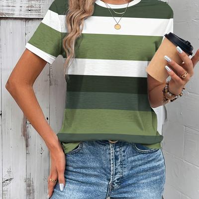 TEMU Women's Casual Elegant Striped T-shirt - , Round Neck Short Sleeve, Breathable Summer Top, Machine Washable, Ladies T Shirts Image