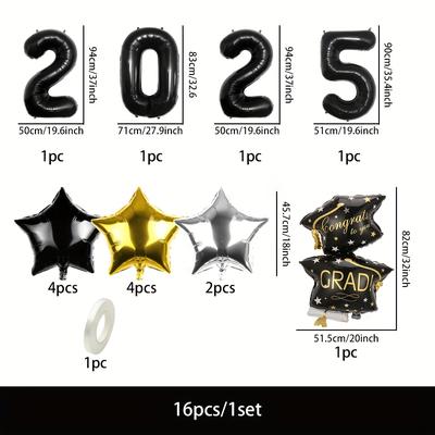TEMU 16pcs/set, Black And 2025 Graduation Aluminum Foil Balloon Set, Suitable For 2025 Graduation Season Decoration, Graduation Part Image