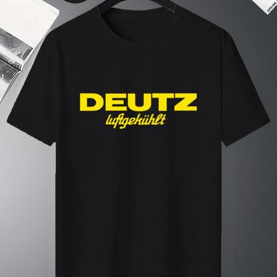 TEMU Men's Waffle Knit Short Sleeve T-shirt - Lightweight Breathable 100% Polyester, Black With Yellow Deutz Logo Print, Casual Summer Tee, Regular Fit, Machine Washable Image
