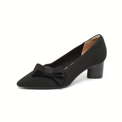 TEMU 1 Pair Of Women's Pointed Shallow Knitted Thick Heel Women's Shoes With Bowknot Side Decoration Elegant And Large Size Casual And Breathable High Heels Image