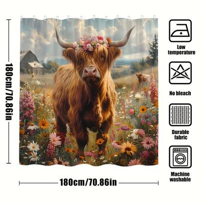 TEMU Rustic Farmhouse Highland Cow Shower Curtain - Washable Polyester, Floral & Animal Print, Includes Hooks For Easy Hanging Image