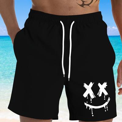 TEMU Men's Plus Size Casual Beach Shorts With Face Graphic - Style Drawstring Waist, Machine Washable, Comfortable For Summer & Vacation, Leisure Swimwear | No Stretch Fabric, Plus Size Image
