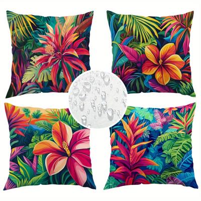 TEMU 4pcs Vibrant Tropical Floral Outdoor Throw Pillows - Waterproof, Machine Washable With Zipper Closure, Polyester Fabric, For Summer Patio Decor, Patio Decor|tropical Theme|zippered Pillows Image
