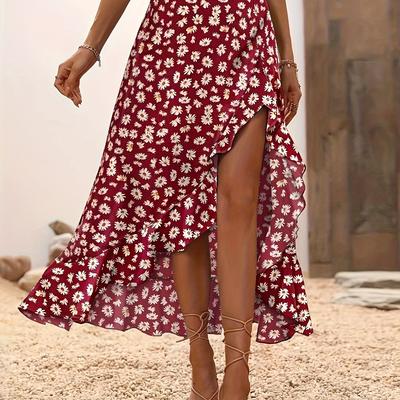 TEMU Women's Bohemian Floral Print High-waisted Skirt With Asymmetrical Ruffle Hem And Side Slit, Elegant Black For Spring/summer Casual Wear, Ruffle Skirt Image