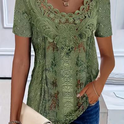 TEMU Elegant Floral Print Short Sleeve Blouse For Women - Lace Detail, Neckline, Summer Casual Top With Beaded Embellishments, Casual Summer Top | Floral Print Top | Lace Detail Top Image