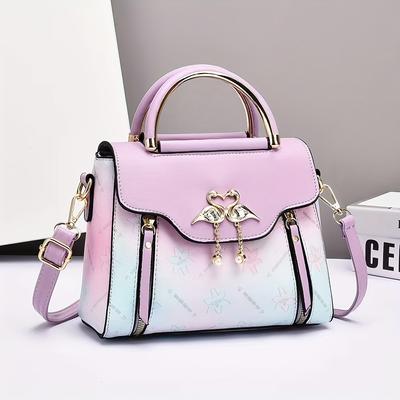 TEMU 2025 Chic Women’s Handbag - Elegant & Lightweight, Large Capacity Crossbody Bag With Geometric Print, Golden-tone Hardware & Decorative Charms, In White/purple/blue Image