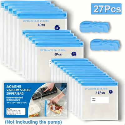 TEMU This Set Of 25 Bags, 2 Closure Clips, 27pcs In Total, Vacuum Seal Ziplock Bags - In 3 Sizes (small, Medium, Large) To Keep Your Everyday. Keep Your Food And More ! Image