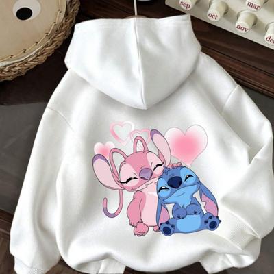 TEMU Stitch & Cartoon Hoodie - Cozy Drawstring Sweatshirt With Front Pocket, Pink & Blue , All , , Polyester Material, Clothes Image