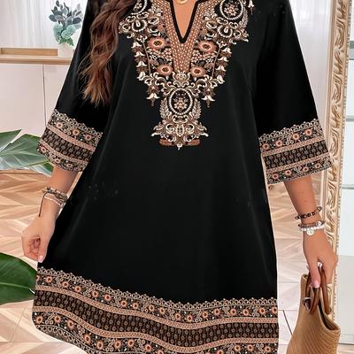 TEMU Women's Plus Size Elegant V-neck Floral Print Dress - Casual, Lightweight, And Stretchy Fabric For Spring/summer, Casual Attire| Dress|lightweight Dress Image