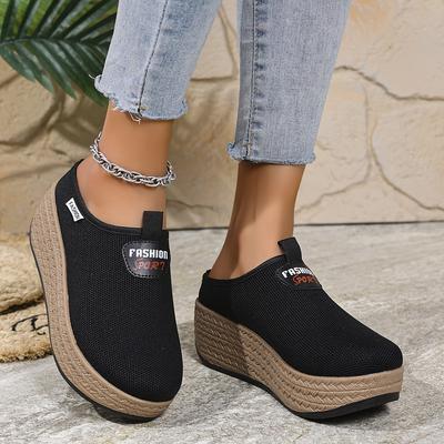TEMU Women's Fashionable Thick Sole Slip-on Sneakers - Black Fabric Upper, Tpr Sole, Synthetic Insole, Hand Washable, Casual Shoes|chunky Sole Sneakers|fabric Upper Sneakers Image
