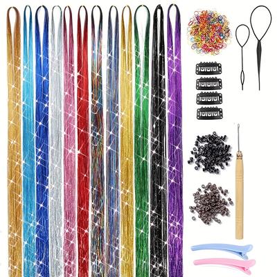 TEMU 2400 Strands Tinsel Hair Extensions Kit - 12 Vibrant Colors, Straight Hair, Unisex-adult, Elegant Style, Long-lasting 47-inch Strands, Easy-to-apply With Application Tool, Glittering For Women Image