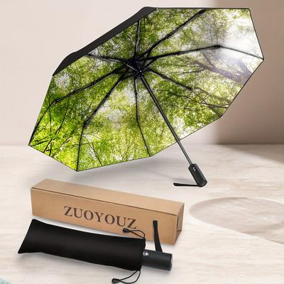 TEMU Automatic Open Compact Folding Umbrella - Uv & 8-rib Durable Carry-on Umbrella With Leaf Pattern, Lightweight Portable Umbrella For Travel, Business & Daily , Outdoor Umbrella Image