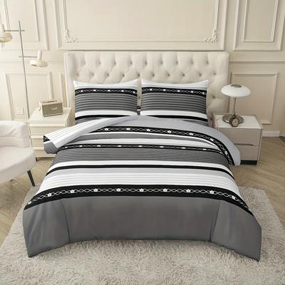 TEMU 3pcs Mika Grey Stripe Bedding Set, Including 1 Duvet Cover, 2 Pillowcases, No Filling, To Care - Universal Decoration For All Image