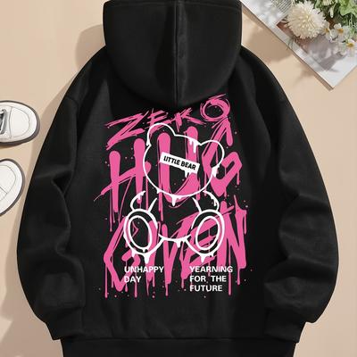 TEMU Alphabet Print Hoodie Sweatshirt With Drawstring, Casual Polyester Hooded Top For Women, Knit Fabric, Unisex Fall/winter Collection Image