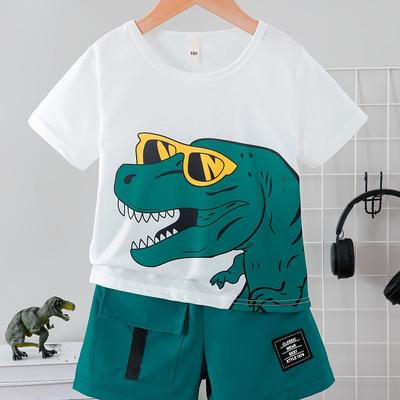"TEMU Boys' Summer Fashion Neck T-shirt "humorous Glasses Dinosaur" Print Trendy Cool Versatile Work Shorts Casual Comfortable Short Sleeve Shorts 2pcs Set" Image