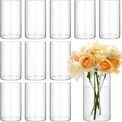 TEMU 12-pack Clear Glass Cylinder Windproof Candle Holders, Transparent Vases For Centerpiece, Hurricane Floating Candle Decor, Floral Vases For Tabletop Party Home Decor Arrangement, Polished Finish Image