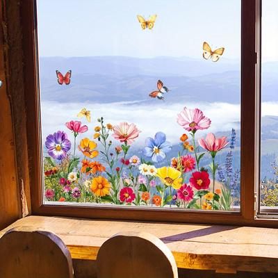 TEMU Vibrant Colorful & Floral Electrostatic Wall Decals For Living Room, Bedroom, And Window Decor - Plastic Stickers With & Butterflies Design, Decorations Image