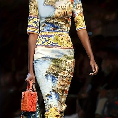 TEMU Elegant European Print Midi Dress, Off The Shoulder Sleeveless Bodycon With Vibrant Landscape Pattern, Casual Yet For All , European Fashion|vibrant Print Dress|elegant Fabricwear, Cute Dresses Image