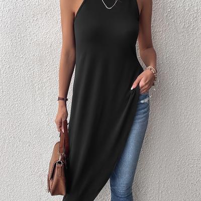 TEMU Women's Elegant Asymmetrical Hem Sleeveless T-shirt - Round Neck Medium Stretch Solid Black Top For Spring Summer Fall, Casual & Formal Wear, Seasonal Fashion, Sophisticated Style, Image