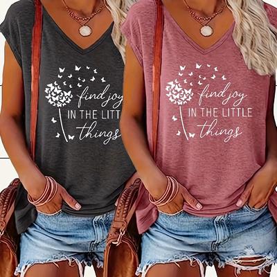 TEMU 2pcs Printed V-neck T-shirts, Casual Short-sleeved T-shirts Spring And Summer, Women's Clothing Image