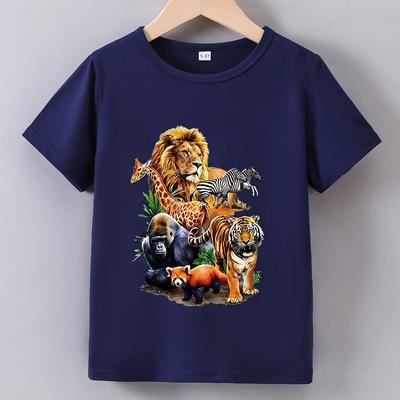 TEMU 1pc Kids' Summer Cartoon Zoo Animals Print T-shirt - Casual Crew Neck Polyester Top With Stretch, Regular Fabric For Boys Image