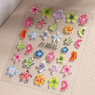 TEMU 1pc 5d Embossed Leopard Hibiscus Flower Nail Stickers Colorful Petal Flower Nail Decals Y2k Ink Dot Hawaiian Petal Embossed Self-adhesive Slider Carving Art Diy Nail Art Decals 2pcs Image