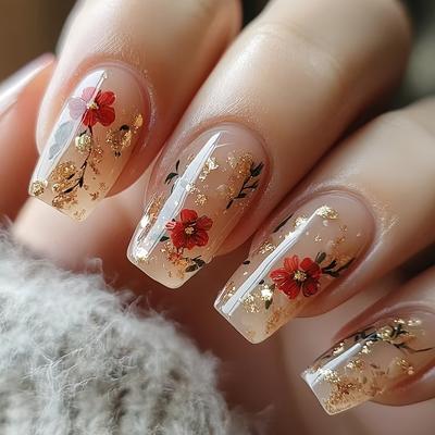 TEMU 24pcs Glossy Short Coffin Press-on Nails Pink And Red French Style False Nails With Flower And Golden Pattern Reusable Fake Nails For Women And Image