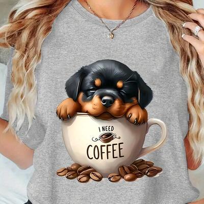 "TEMU Women' Cute Puppy In Coffee Cup Graphic T-shirt - "i " Short Sleeve Round Neck Tee, Fabric, Machine Washable, , Coffee Lover Apparel, Top, Nontransparent Material" Image