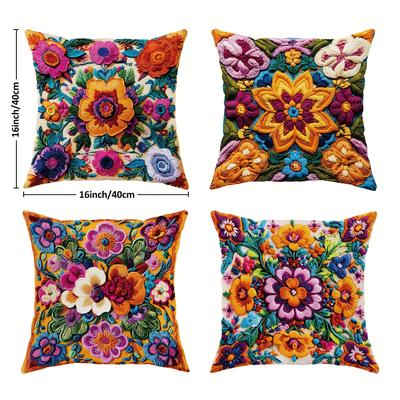 TEMU 4pcs Vibrant Floral Velvet Throw Pillow Covers - Soft, Cozy, One-sided Print In Yellow, Green, - Living Room, Bedroom & Sofa Decor - Zip Closure, Machine Washable (no Inserts), Decorative Pillow Image