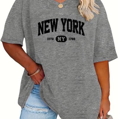 TEMU Women's Plus Size Casual V-neck T-shirt With New Print, Polyester 76.0% Rayon 20.0% Elastane 4.0% Knit Fabric, Medium Stretch, Alphabet Applique Detail, Loose Fit Half Sleeve Tee Image