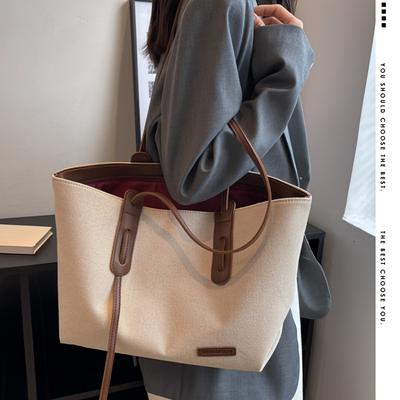 TEMU Ladies Casual Single Shoulder Sling Bag, Black And Light Brown Canvas, Zipper Closure, Polyester Lining, With Solid Color Pattern, For Occasion Image