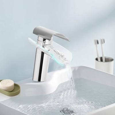 TEMU Elegant Goodslinesshop Glass Waterfall Faucet - -plated, Single-handle Mixer With Transparent Glass Spout For Water, -hand , & , Ideal For Bathroom Sinks Image