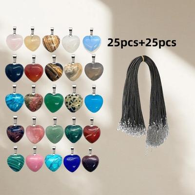 TEMU 50pcs Set Of Mixed Color Crystal Heart Pendants With Black Leather Necklace - For Jewelry Making Diy, Ideal Daily Gift (25pcs Pendants + 25pcs Chains) Image