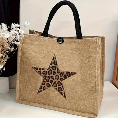 TEMU Women's Leopard Tote Bag - Durable Nylon Khaki Handbag With Fixed Shoulder Strap & Button Closure, Spacious For Travel, Shopping, Daily Use - Perfect Gift For , Bag | Modern Fashion Bag | Tote Image