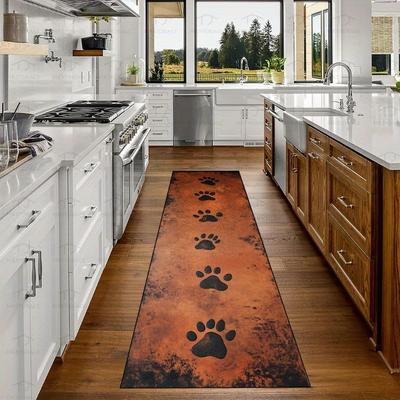 TEMU 1pc Hkstorage Dog Paw Print Long Narrow Mat – On Brown Background, Anti-slip & Machine Washable, , Walkways, And High-traffic Areas, Pet Friendly Mat | Rustic Design Mat | Rubber Backing Mat, Image