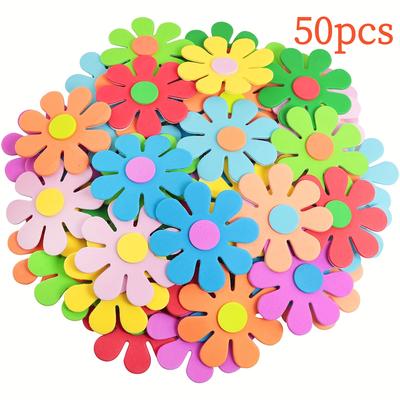 TEMU 50pcs Vibrant Rubberized Flower Stickers With Adhesive Backing - Hexagonal Floral Wall Decals For Classroom, Stage, And Home Decor Crafts, Flower Wall Stickers Image