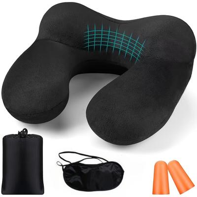 TEMU 1pc Ergonomic Inflatable Travel Pillow With Earplugs, Airplane Neck Pillow, Multi-position Sleeper Support, , With Snap Closure, Machine Washable, For Office, Car, Camping, Use Image