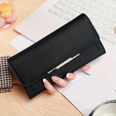 TEMU Women's Long Wallet - Minimalist Snap Closure, Large Capacity Foldable Design With Multiple Compartments, Light Grey For Everyday & Professional Use Image