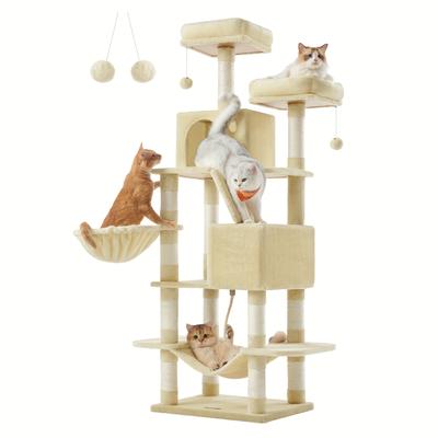 TEMU Feandrea Cat Tree, 168 Cm Large Cat Tower With 13 Scratching Posts, 1 Scratching Ramp, 2 , 2 Caves, Basket, , Pompoms, Multi-level Plush Cat Condo For Indoor Cats Image