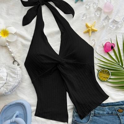 TEMU Chic Women's Halter Neck Tank Top - Sexy Backless Design With Tie Detail, Ribbed Texture, Twist Front, Comfortable & Stylish For Casual Attire, Wear | Backless Halter | Knotted Detai Image