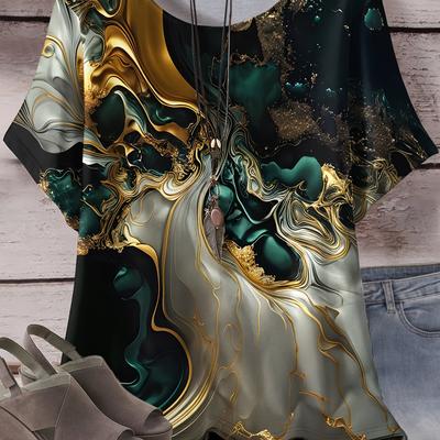 TEMU Women's Plus Size T-shirt - Marbled Print With Golden Accents, Stretchy Round Neck Short Sleeve Top, Machine Washable & Versatile For All , Ladies T Shirts Image