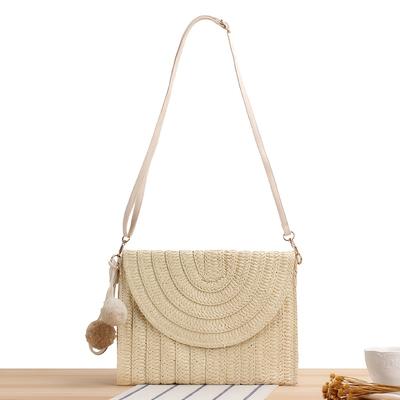 TEMU Keaplayee Elegant Paper Woven Straw Handbag With Pom-pom - Boho Style Clutch For Beach, Travel, And Shopping, Vacation Accessory|boho | Handle, Beach Tote Bag Image